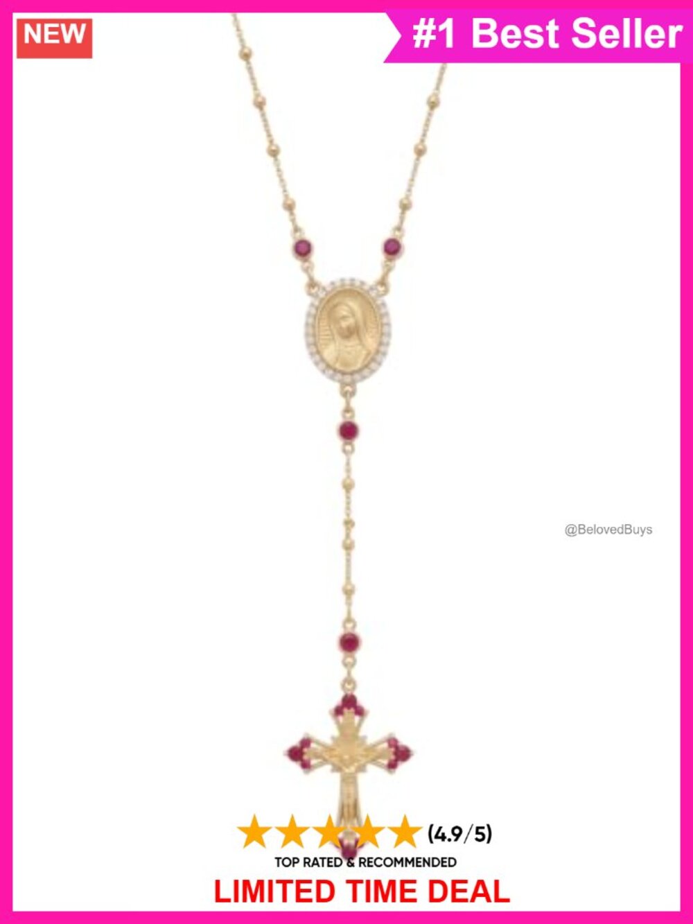 14K Gold Plated Sterling Silver Virgin Mary Rosary Y Necklace Cross Pendant